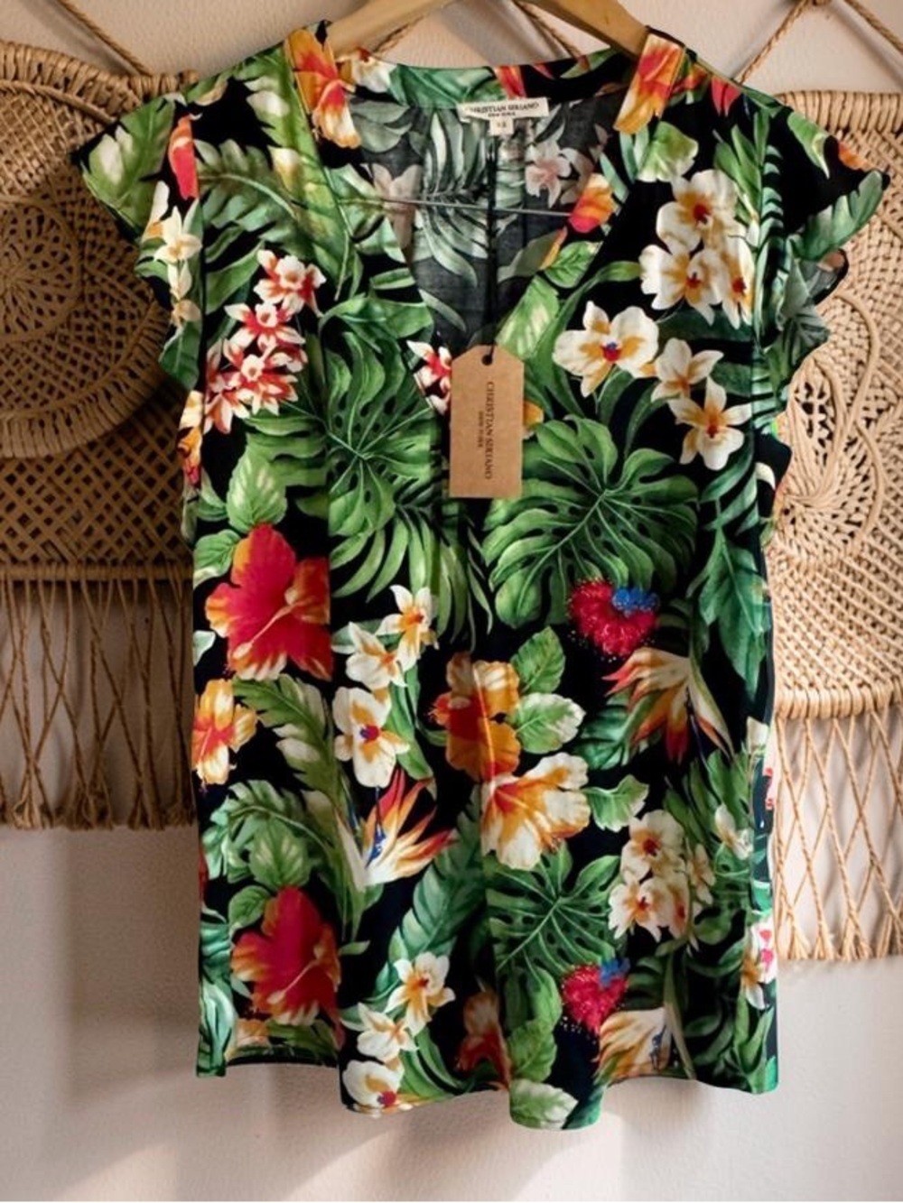 Christian Siriano tropical pullover top flutter sleeve orange,green black,beach